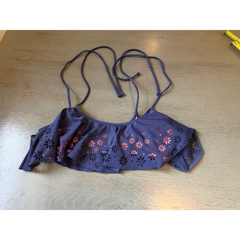 Victorias Secret PINK Flounce Bikini Top Navy Blue Neon Pink Laser Cut Floral S